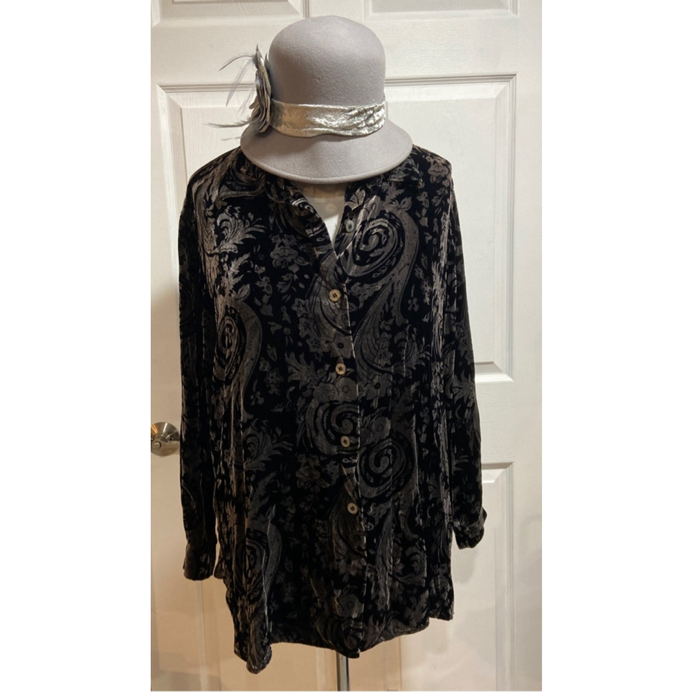 Coldwater Creek Women's Shirt Blouse XL Black Velvet Paisley Button-Down - Picture 2 of 10